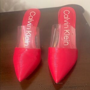 Calvin Klein Graycie Red Mules with Clear Strap